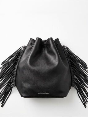 NWT Victoria's Secret Black Leather Fringe Drawstring Bag